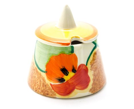 Clarice Cliff for Newport Pottery, a Nasturtium conical mustard pot and cover, Bizarre marks