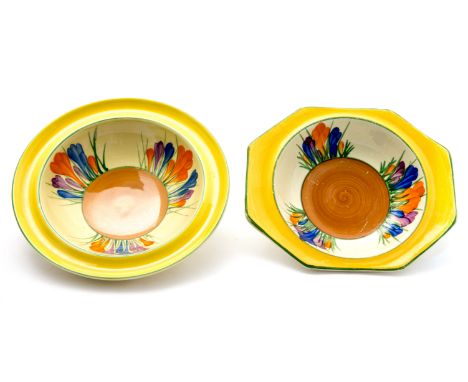Clarice Cliff for Wilkinson and Newport Pottery, two Crocus pattern bowls, one with octagonal rim, Bizarre marks, 16.5cm diam