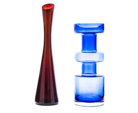 Tamara Aladin (attributed) for Riihimaki, a sapphire blue glass vase, geometric cylinder disk form, 28cm high; together with 