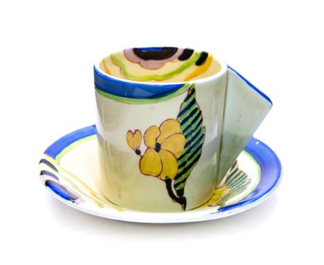 Clarice Cliff for Wilkinson, a Lodore conical coffee can and saucer, red Lodore marks, the cup 5.5cm high