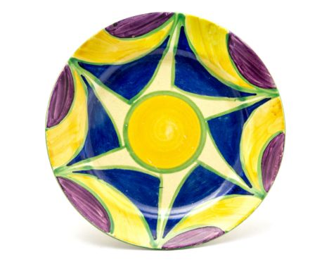Clarice Cliff for Newport Pottery, an Original Bizarre tea plate, purple, blue and yellow geometric design with green lines, 