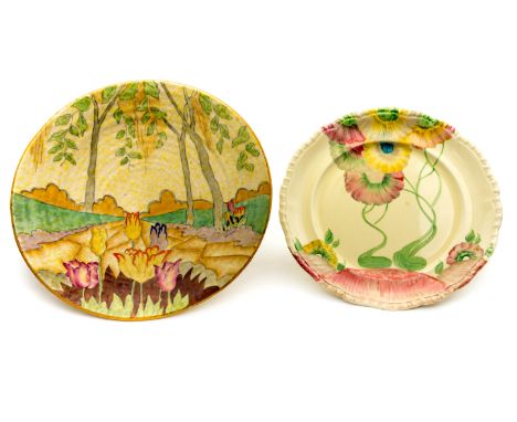 Clarice Cliff for Newport Pottery and Wilkinson, a Pink Pearls dinner plate with gadrooned border, together with a Crown Devo