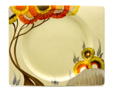 Clarice Cliff for Wilkinson, a Rhodanthe Biarritz plate, rectangular form, Royal Staffordshire marks, 19.5cm x 23cm