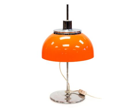 Harvey Guzzini, an orange perspex and chrome table lamp, circa 1960s, the height adjustable domed shade with two bulb fitting