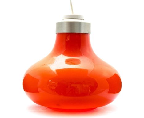 A 1960s glass pendant light shade, neon orange opaque glass, onion form, with aluminium fitting, 30cm diameter