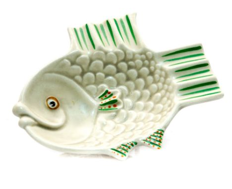 Clarice Cliff for Wilkinson, a Fish ashtray, moulded in the form of a fish, the fins fluted for cigarettes, 13cm wide