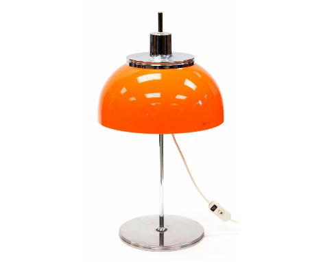 Harvey Guzzini, an orange perspex and chrome table lamp, circa 1960s, the height adjustable domed shade with two bulb fitting