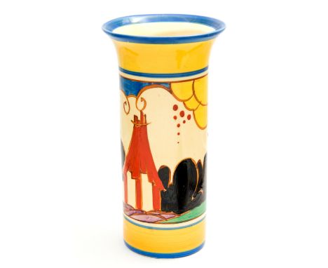 Clarice Cliff for Newport Pottery, a Summerhouse vase, cylindrical form with flared rim, shape 186, yellow and blue border, 1