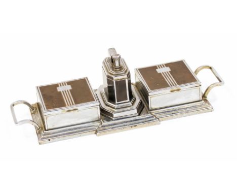 An Art Deco Ronson Touch Tip lighter desk tray, chrome and oxidised metal, twin handled, the central  removable lighter flank