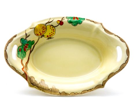 Clarice Cliff for Wilkinson, a twin handled basket or dish, pomegranate tree design, Royal Staffordshire and Clarice Cliff ma