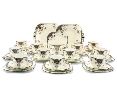 A Shelley Black Leafy Tree tea set, on Queen Anne shape, including 11 cups, saucers, plates, sugar and milk, pattern 11575 (a