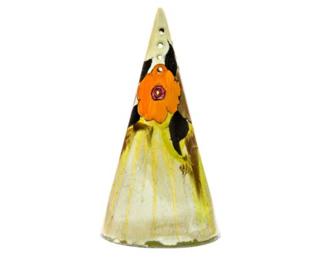 Clarice Cliff for Wilkinson, a Lydiat conical sugar shaker, Delicia effect, Bizarre marks, 14cm high