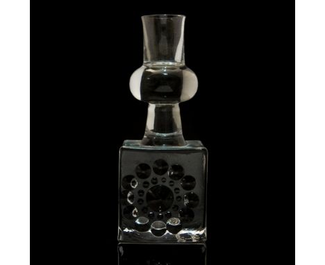 Bertil Vallien for Boda Afors, a Swedish glass candlestick or candle holder, square section base with raised daisy motif, bel