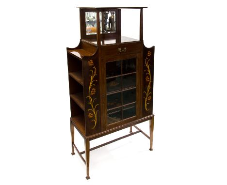 Shapland and Petter (attributed), a Glasgow School mahogany and inlay display cabinet, the central glazed cupboard with shelv