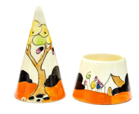 Clarice Cliff for Newport Pottery, a Tulip pattern conical salt shaker and mustard pot, printed marks to the pot, 8cm high (2