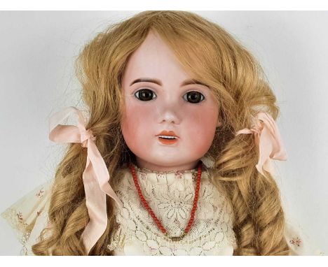 JUMEAU - S.F.B.J., GOOD AND LARGE BISQUE HEAD SOCKET DOLL 1907 open brown glass eyes, opem mouth with six upper teeth, painte