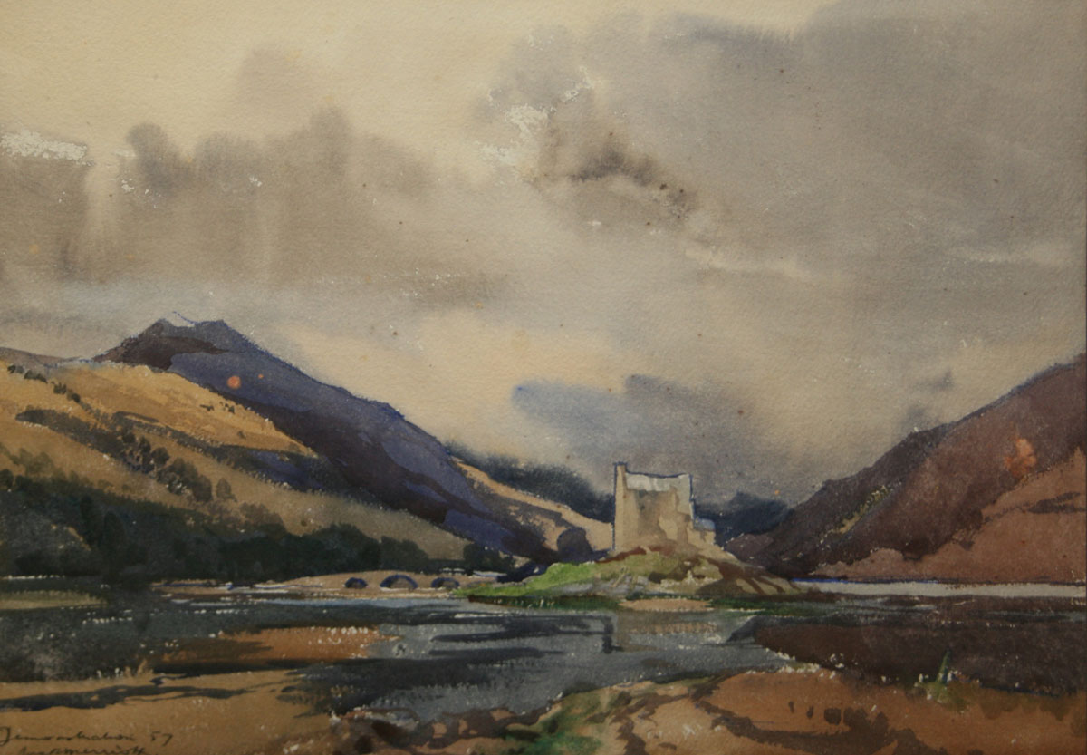 JACK MERRIOTT, SIGNED LOWER LEFT, WATERCOLOUR, Inscribed Demonstration 57 View of Eilean Donan