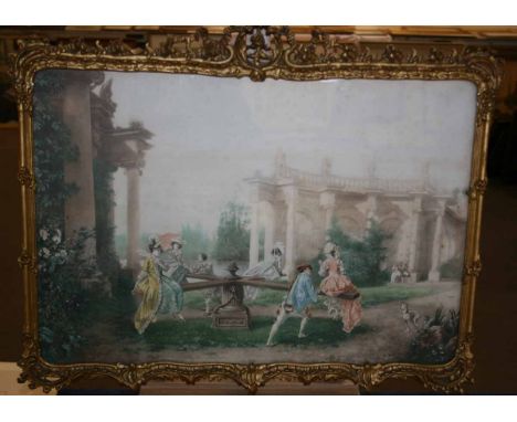 AFTER FREDERICK HENDRIK KAEMMERER, A SET OF THREE COLOURED PHOTOGRAVURES, Elegant Figures Promenading and Playing in Landscap