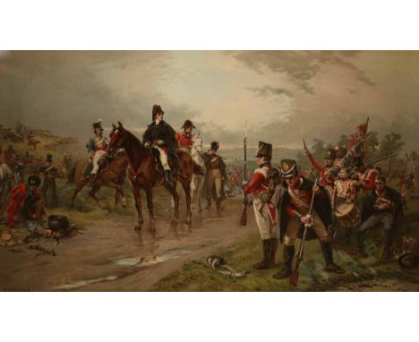 AFTER R HILLINGFORD, LATE 19TH CENTURY CHROMOLITHOGRAPH,  Wellington at Waterloo! , 21" x 32"