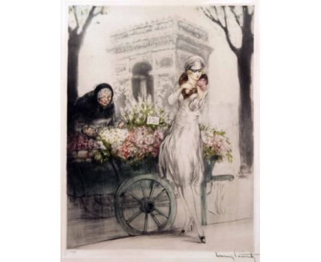 LOUIS ICART, SIGNED IN PENCIL TO MARGIN, LIMITED EDITION COLOURED LITHOGRAPH,  Marchande de Fleurs , 19" x 14"