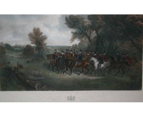 AFTER R B DAVIS, ENGRAVED BY F BROMLEY, ANTIQUE COLOURED MEZZOTINT, CIRCA 1840,  The Royal Cortege in Windsor Park , 17" x 28