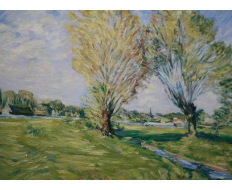 R F INITIALLED OIL ON BOARD, Summer Landscape with Stream and distant Building, 19" x 23"