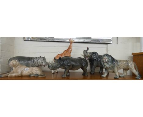 Six Melba ware African animal ornaments 