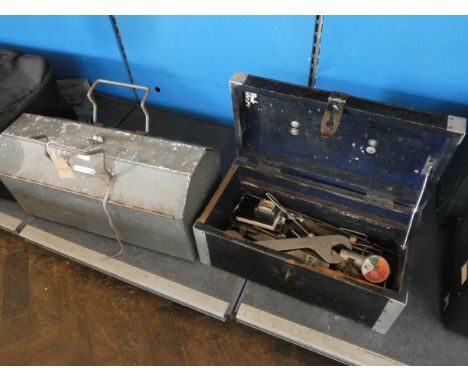 A woodland box containing tools and a metal tool box with contents, both belonging to H Spratley Con Fleet