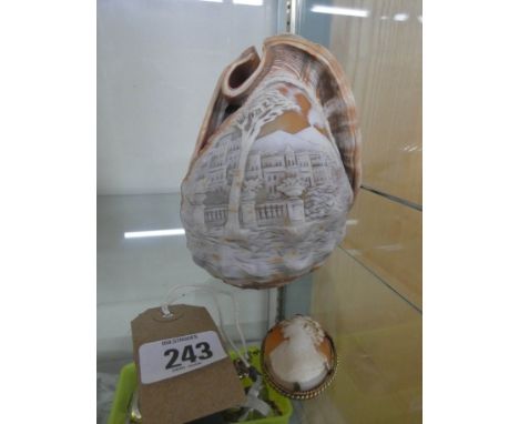 A carved shell lamp and a carved shell cameo brooch 