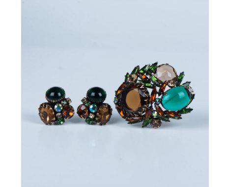 Mid-century bronze/gold tone metal set with earthy green, taupe, and brown glass cabochons and rhinestones. The dome brooch h