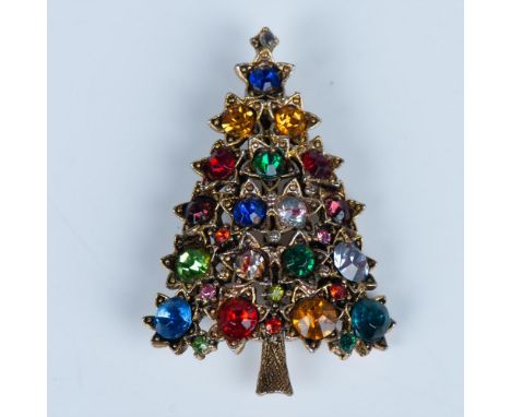 Bronze tone metal Christmas tree pin set with colorful rhinestones. Hollycraft mark on the back. Issued: 20th c.Dimensions: 2
