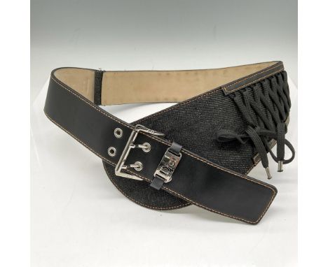 Denim and black leather designer look with lacing and top stitch detail. Buckle with Dior mark. Christian Dior impressed mark