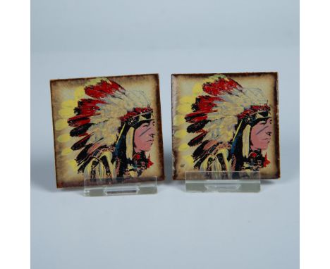 Two square ceramic tiles with the portrait of a Native American in a traditional tribal headdress. Dimensions: 2"L x 2"WCondi