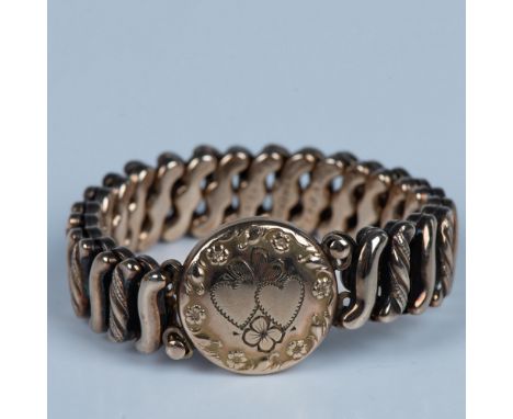 This cute kids bracelet has a round link with flowers and two hearts. The accordion band measures approximately 2"dia. across