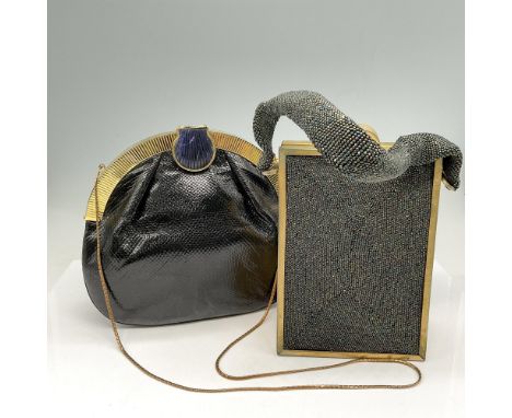 Gold toned metal opening with Lapis Lazuli clasp opens to interior pocket with mirror. Thin gold toned metal shoulder strap c