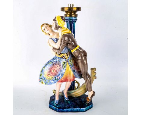 GOLDSCHEIDER POTTERY - a table lamp in the form of a romantic couple and gondola, height including fitting 44cmSmall area of 