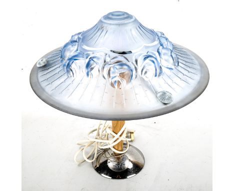 Scandi-Francais Lumiere et Glass, table lamp with 1940s glass shade, blue relief moulded rosebud decorated shade mounted on w