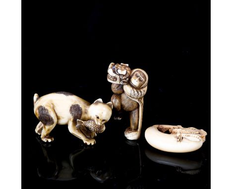 3 Japanese ivory netsuke and okimono depicting a cat holding a fish, length 5cm, monkey holding a dragon mask, height 5cm, an