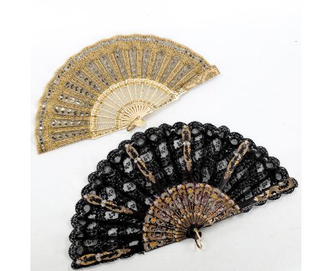 A 19th century French bone and lace fan, with gilded and pierced sticks, length 21cm, and a simulated tortoiseshell and black