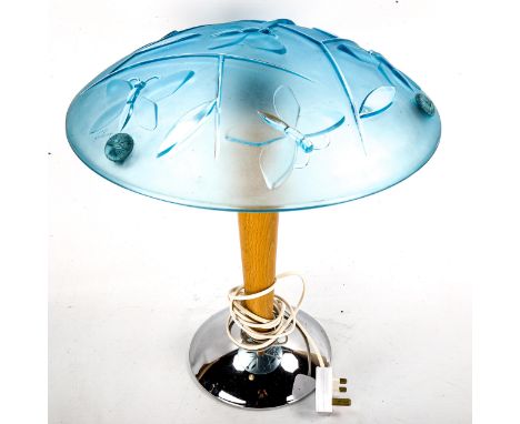 Scandi-Francais Lumiere et Glass, table lamp with French 1940s glass shade, relief moulded dragonfly design, signed Degue, mo