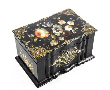 A Victorian papier mache, mother-of-pearl inlaid and gilded tea caddy, with inner lids, width 18.5cm 