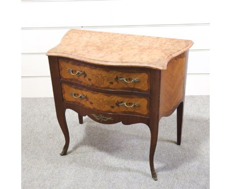 A French marquetry inlaid bombe commode with shaped marble top, width 77cm 