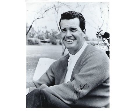James Garner Signed photo postcard 10 x 8 inch b/w, Some fairly minor indentations to top third of photo print; some minor cr