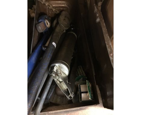 TIN OF TOOLS, GREASE GUN, LARGE WRENCH, PIPE CLAMP ETC.