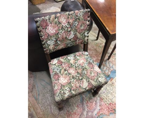 A TAPESTRY STYLE UPHOLSTERED STUDDED CHAIR