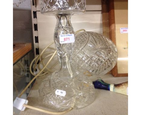 GLASS TABLE LAMP J4CONDITION: LARGE CHIP AS PICTURED TO RIM OF TOP PIECE. NO MAKERS MARKS. 