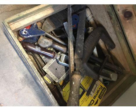 A WOODEN BOX OF VARIOUS TOOLS