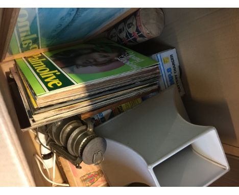 A BOX OF MIXED ITEMS INC VINYL LPS, TILLY LAMP, CAMPING STOVE ETC