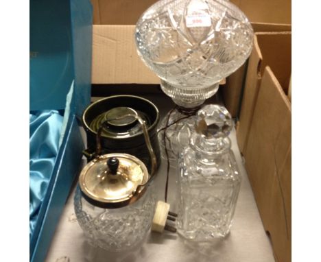GLASS TABLE LAMP, DECANTER, BISCUIT BARREL AND GREEN POT T4CONDITION:  NO DAMAGE OR REPAIRS TO REPORT, ETCHED MAKERS MARK TO 
