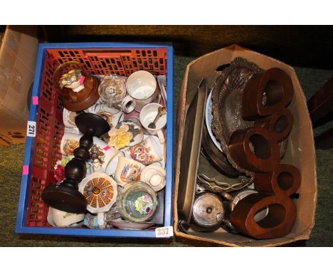 Box of Royal Commemorative ceramics and a Turned Candlestick and a box of assorted Metal ware 
